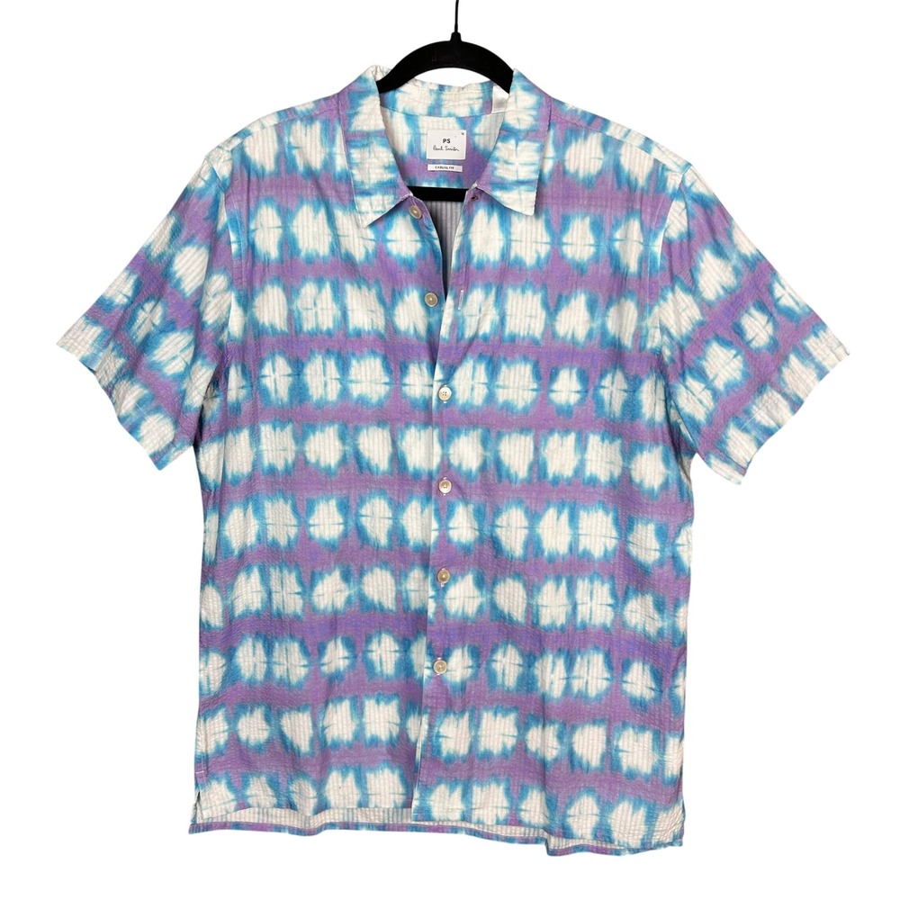 PS Paul Smith Mens Tie Dye Seersucker Short Sleeve
 Shirt Blue Purple M